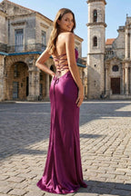 Pink - Halter Sheath Satin Long Prom Dresses With Sequins - Curvevia