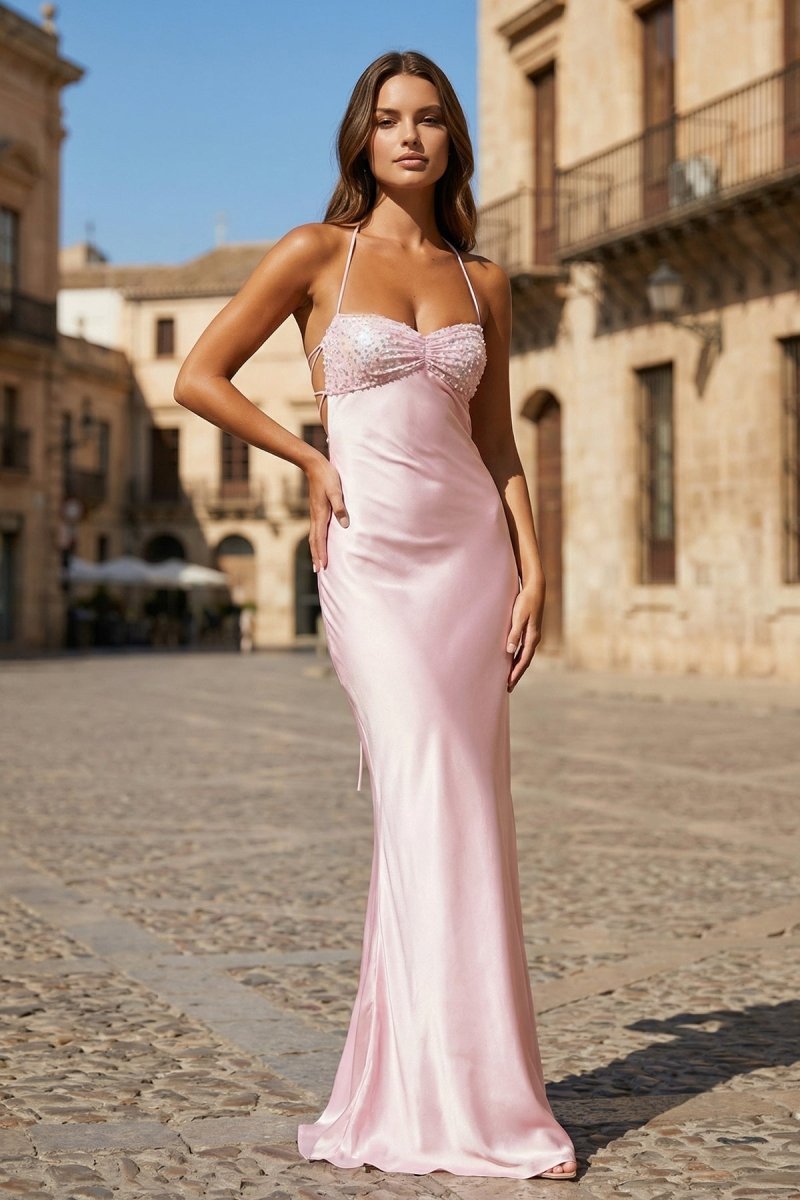 Pink - Halter Sheath Satin Long Prom Dresses With Sequins - Curvevia