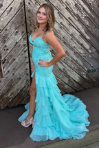 Yellow Spaghetti Straps Mermaid Lace Appliqued Evening Dress With Ruffles - Curvevia