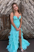 Yellow Spaghetti Straps Mermaid Lace Appliqued Evening Dress With Ruffles - Curvevia