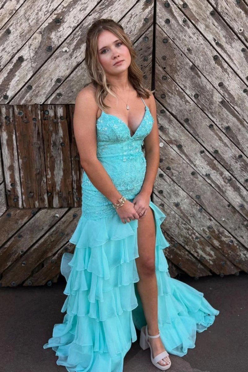 Yellow Spaghetti Straps Mermaid Lace Appliqued Evening Dress With Ruffles - Curvevia