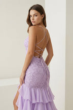 Yellow Spaghetti Straps Mermaid Lace Appliqued Evening Dress With Ruffles - Curvevia