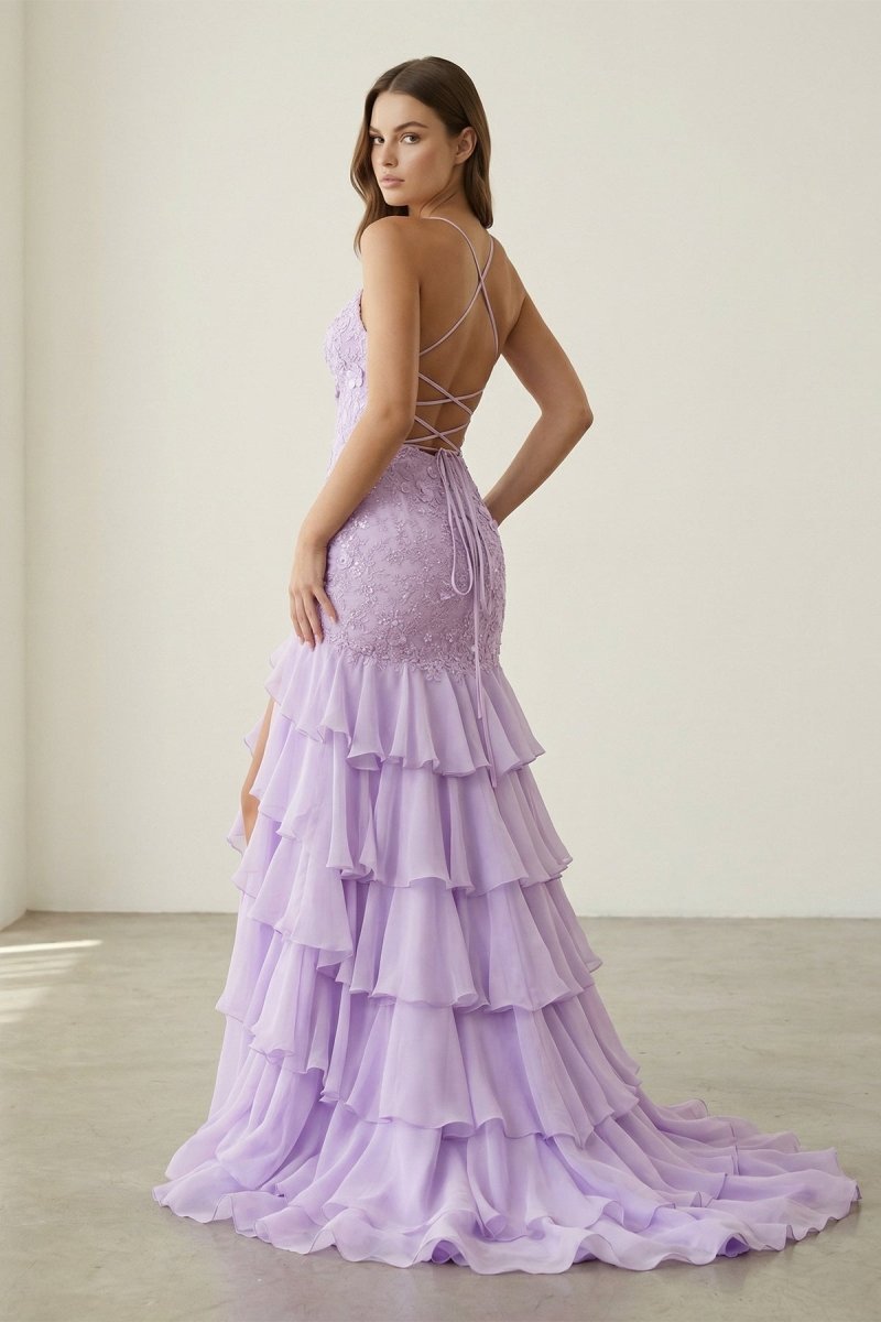 Yellow Spaghetti Straps Mermaid Lace Appliqued Evening Dress With Ruffles - Curvevia