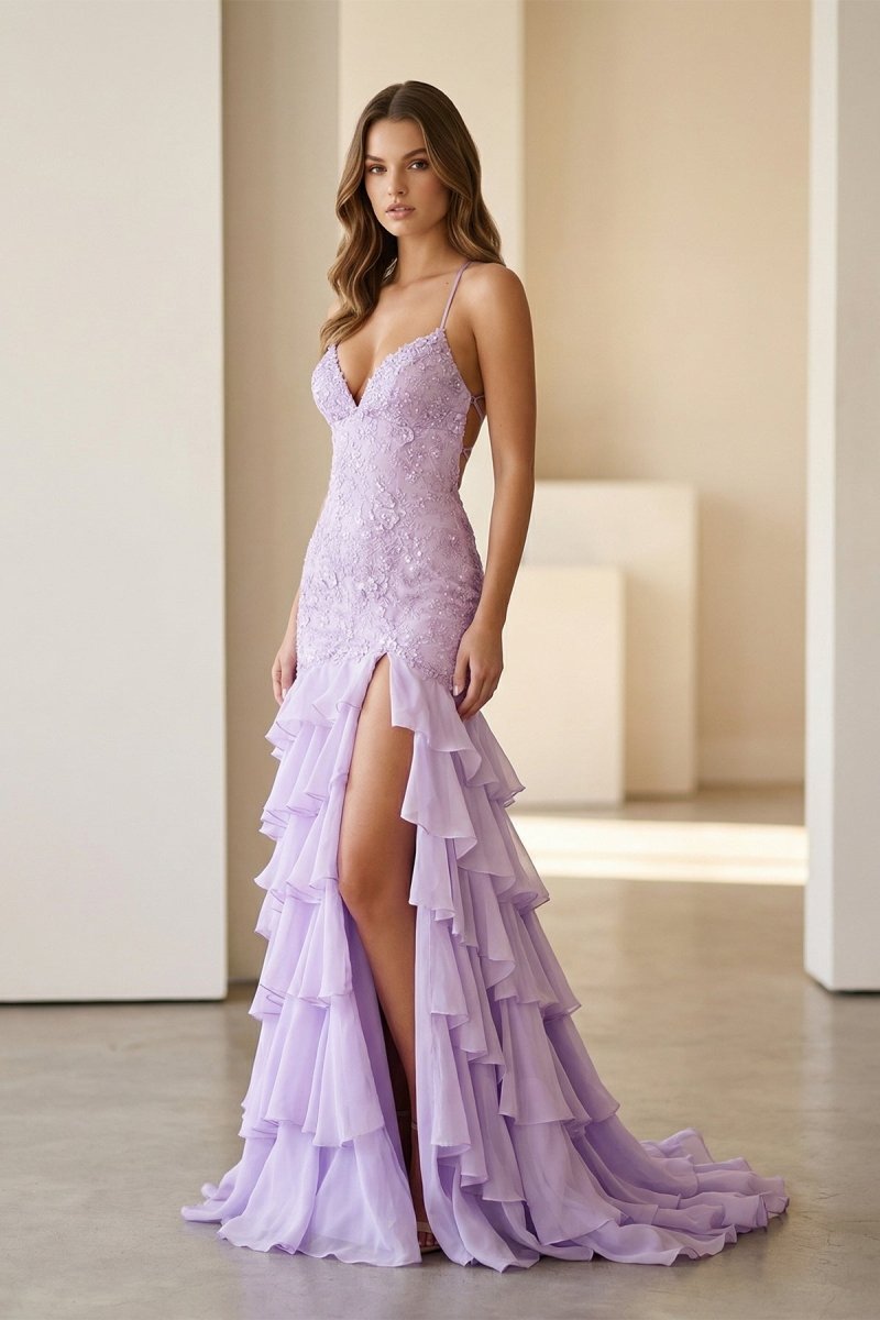Yellow Spaghetti Straps Mermaid Lace Appliqued Evening Dress With Ruffles - Curvevia