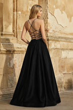 A Line Royal Blue Spaghetti Straps Satin Prom Dress With Pockets - Curvevia