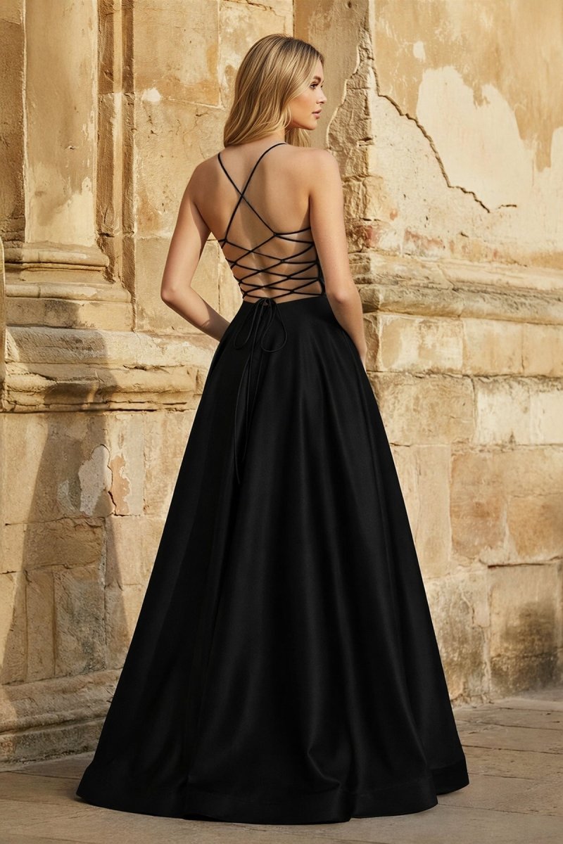 A Line Royal Blue Spaghetti Straps Satin Prom Dress With Pockets - Curvevia