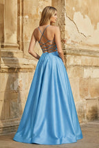 A Line Royal Blue Spaghetti Straps Satin Prom Dress With Pockets - Curvevia