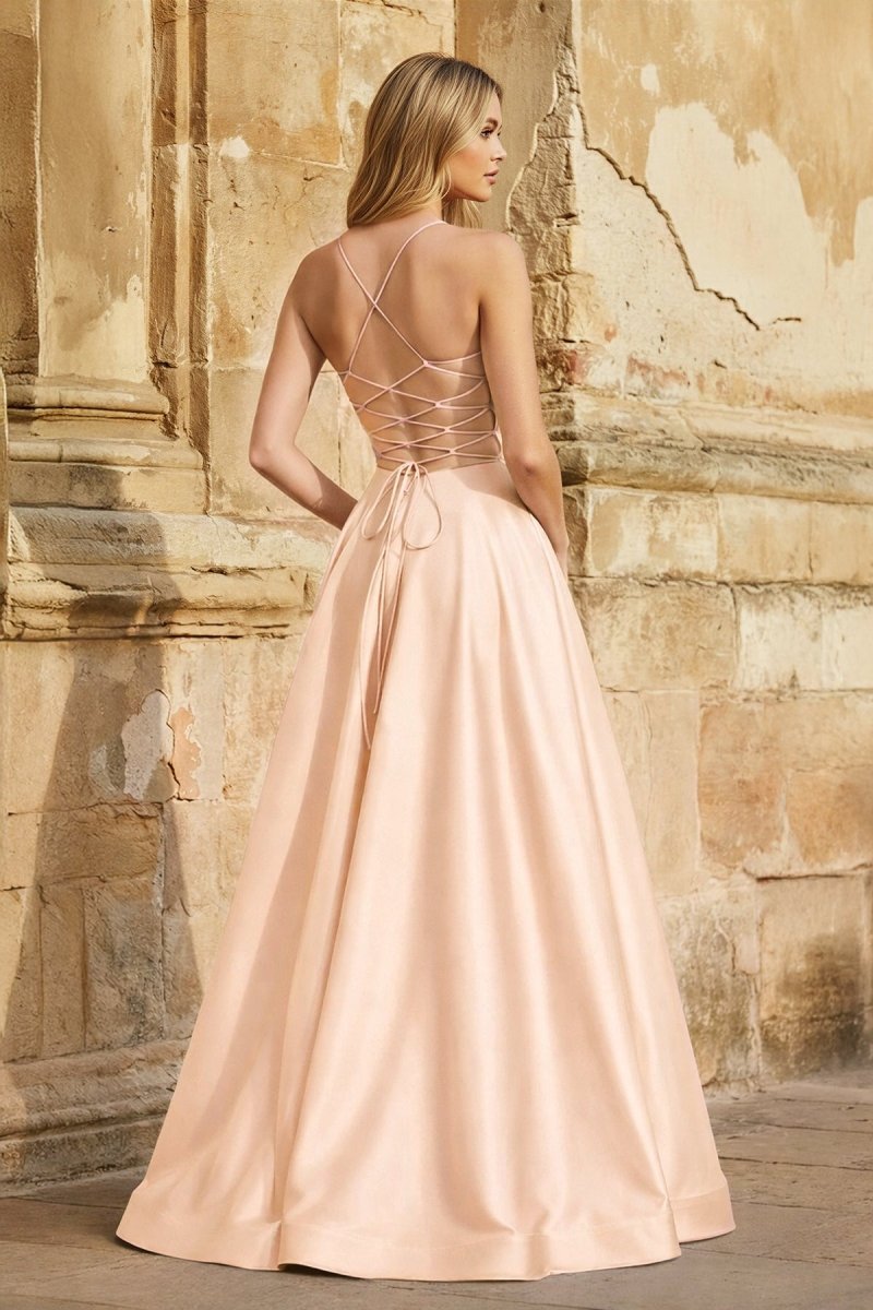 A Line Royal Blue Spaghetti Straps Satin Prom Dress With Pockets - Curvevia