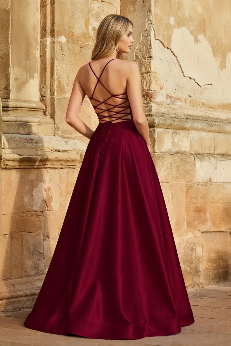 A Line Royal Blue Spaghetti Straps Satin Prom Dress With Pockets - Curvevia