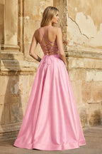A Line Royal Blue Spaghetti Straps Satin Prom Dress With Pockets - Curvevia