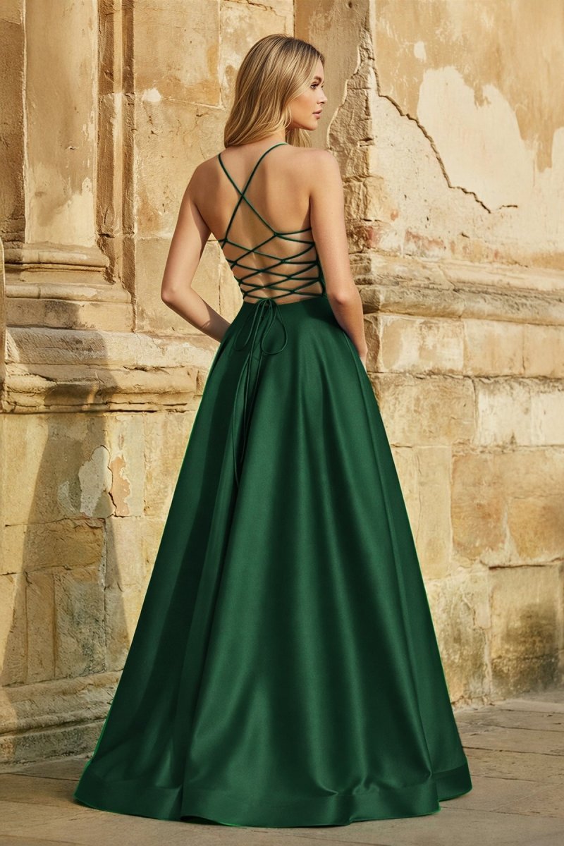A Line Royal Blue Spaghetti Straps Satin Prom Dress With Pockets - Curvevia