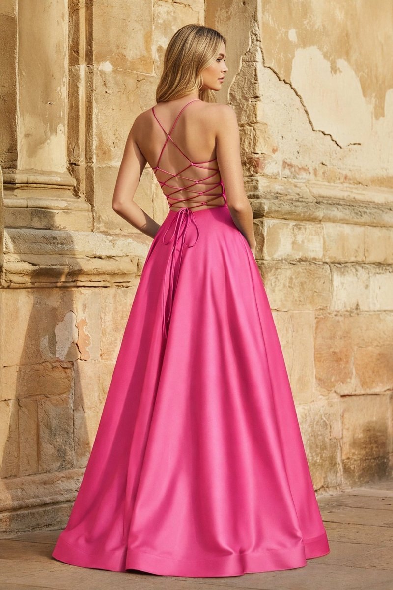 A Line Royal Blue Spaghetti Straps Satin Prom Dress With Pockets - Curvevia