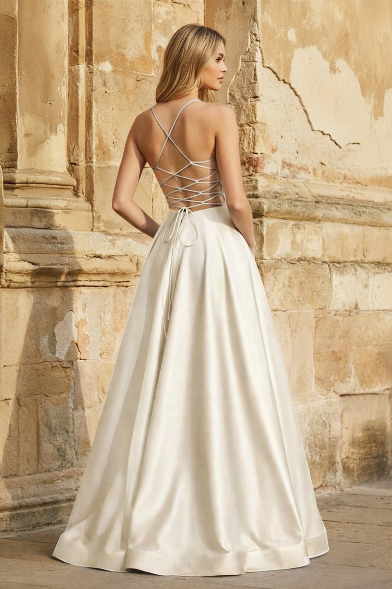 A Line Royal Blue Spaghetti Straps Satin Prom Dress With Pockets - Curvevia
