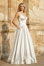 A Line Royal Blue Spaghetti Straps Satin Prom Dress With Pockets - Curvevia