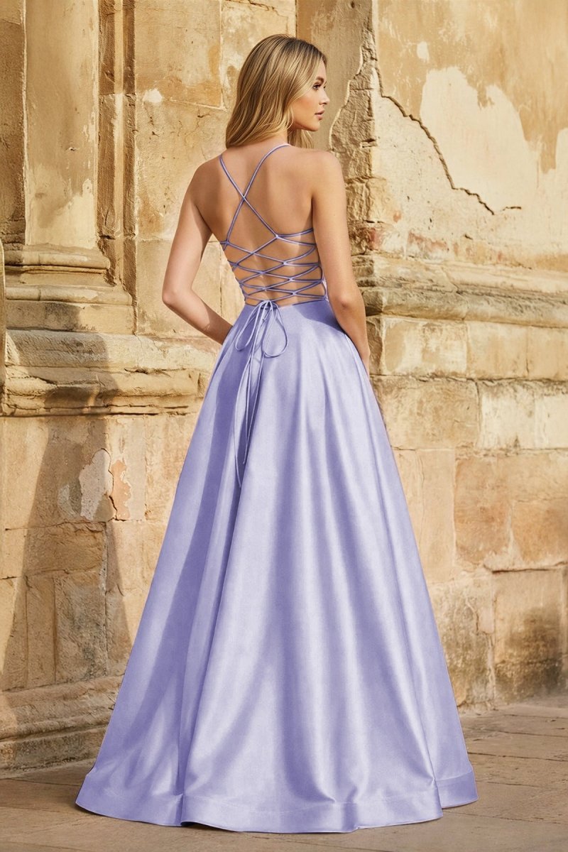 A Line Royal Blue Spaghetti Straps Satin Prom Dress With Pockets - Curvevia