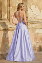 A Line Royal Blue Spaghetti Straps Satin Prom Dress With Pockets - Curvevia