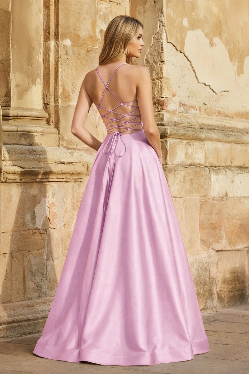 A Line Royal Blue Spaghetti Straps Satin Prom Dress With Pockets - Curvevia