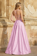 A Line Royal Blue Spaghetti Straps Satin Prom Dress With Pockets - Curvevia