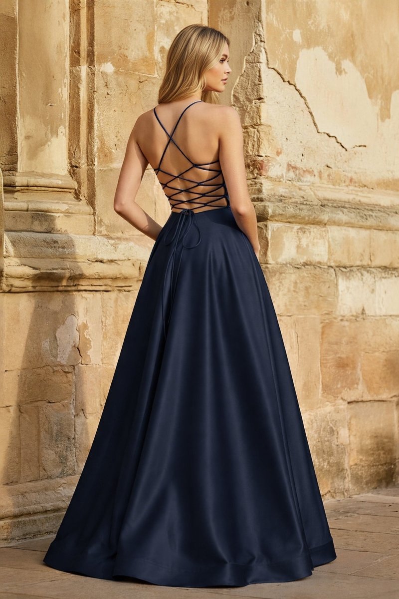A Line Royal Blue Spaghetti Straps Satin Prom Dress With Pockets - Curvevia