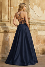 A Line Royal Blue Spaghetti Straps Satin Prom Dress With Pockets - Curvevia