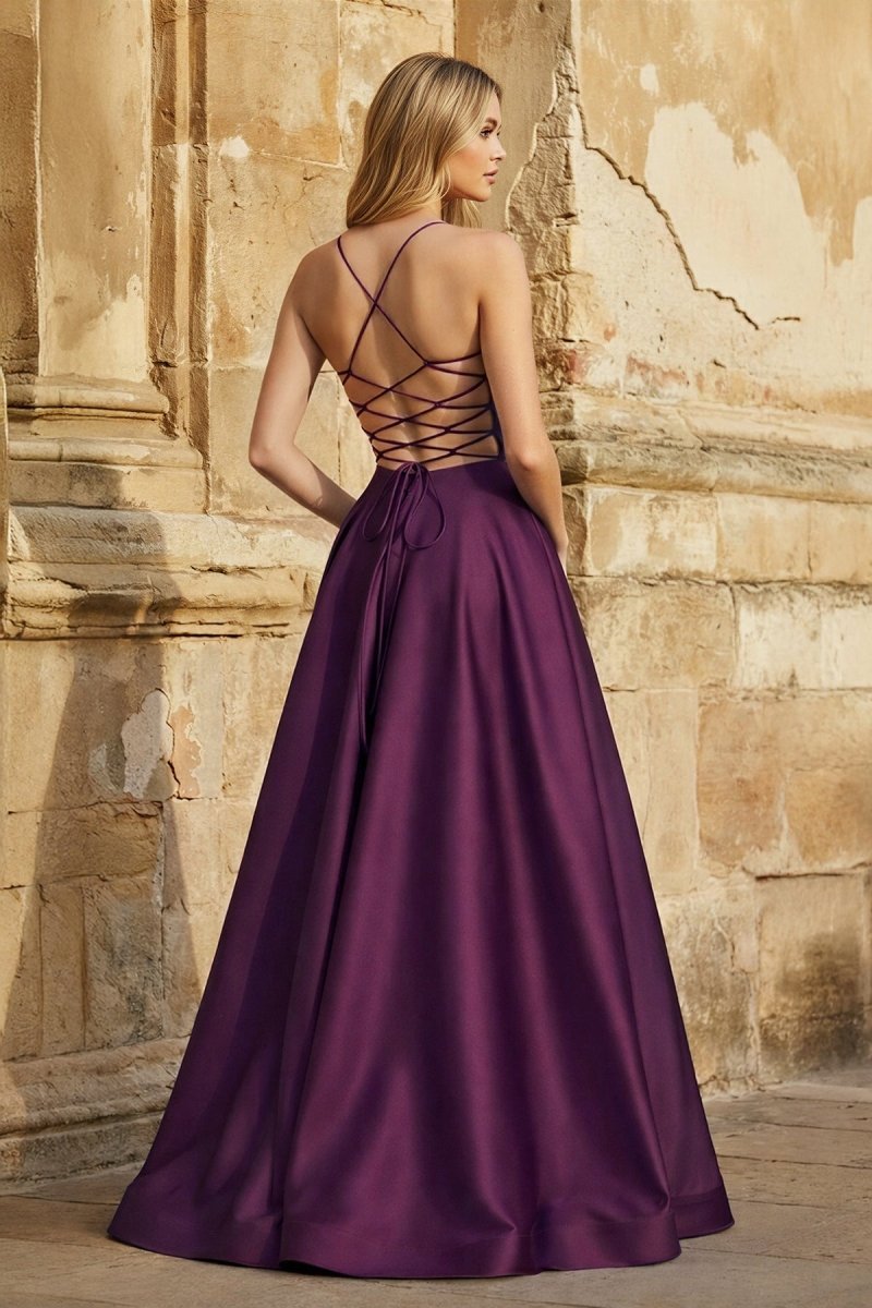 A Line Royal Blue Spaghetti Straps Satin Prom Dress With Pockets - Curvevia