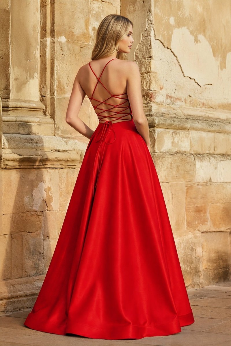 A Line Royal Blue Spaghetti Straps Satin Prom Dress With Pockets - Curvevia