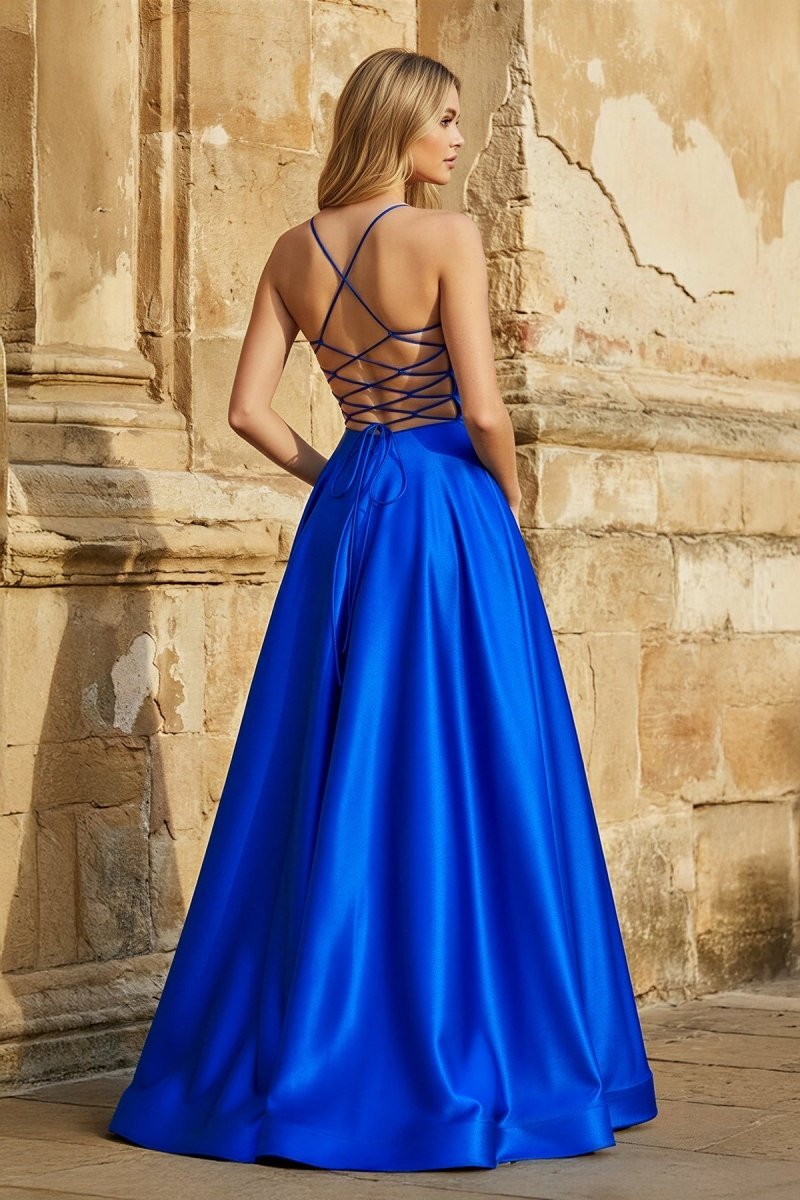 A Line Royal Blue Spaghetti Straps Satin Prom Dress With Pockets - Curvevia
