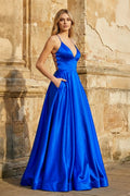 A Line Royal Blue Spaghetti Straps Satin Prom Dress With Pockets - Curvevia