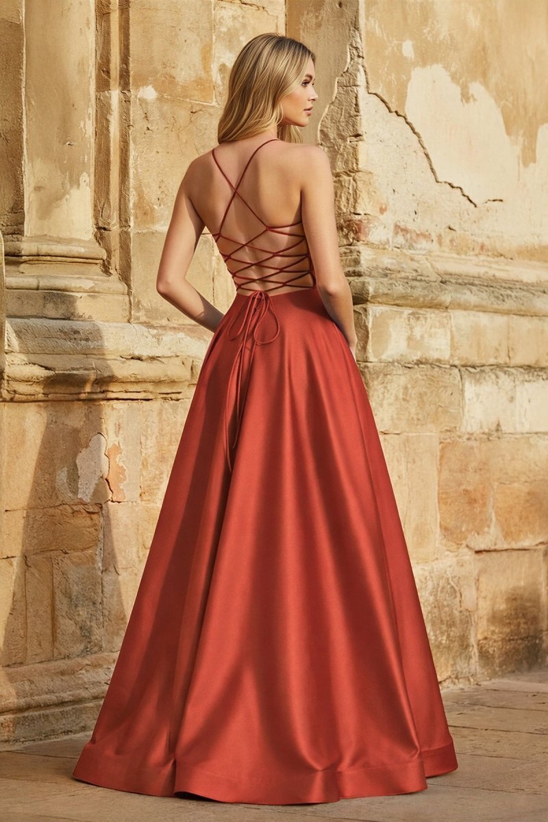 A Line Royal Blue Spaghetti Straps Satin Prom Dress With Pockets - Curvevia