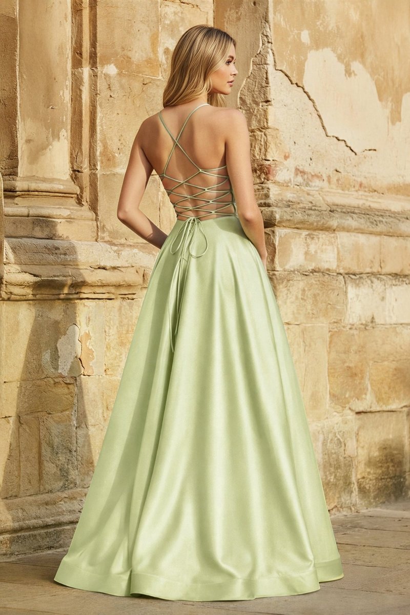 A Line Royal Blue Spaghetti Straps Satin Prom Dress With Pockets - Curvevia