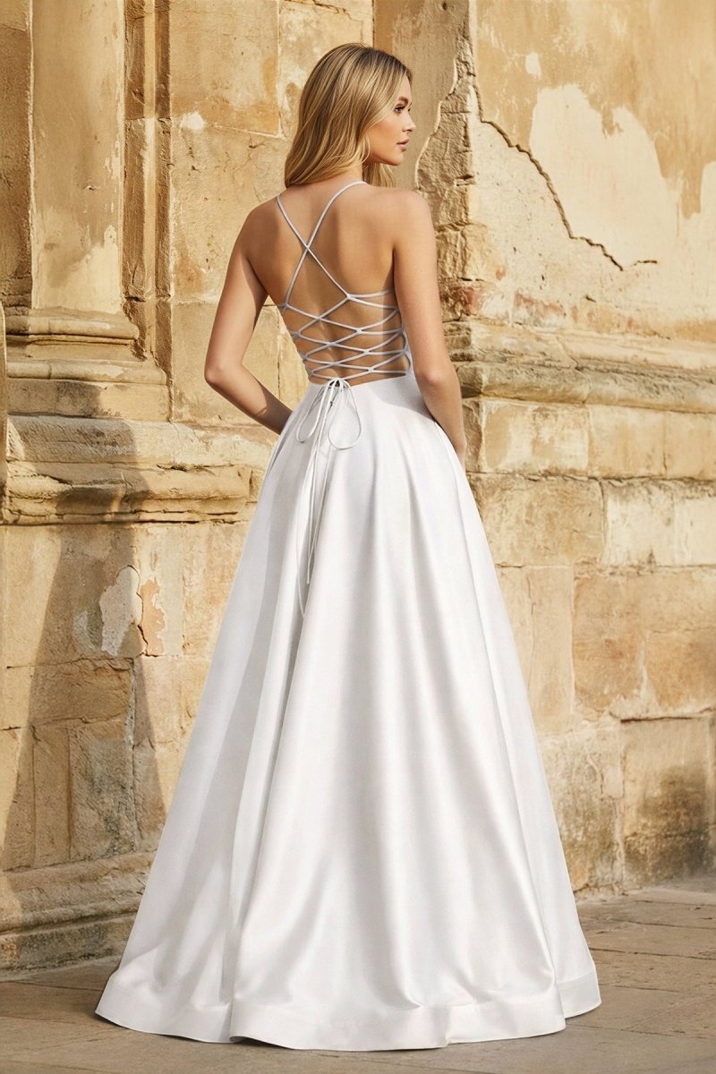 A Line Royal Blue Spaghetti Straps Satin Prom Dress With Pockets - Curvevia