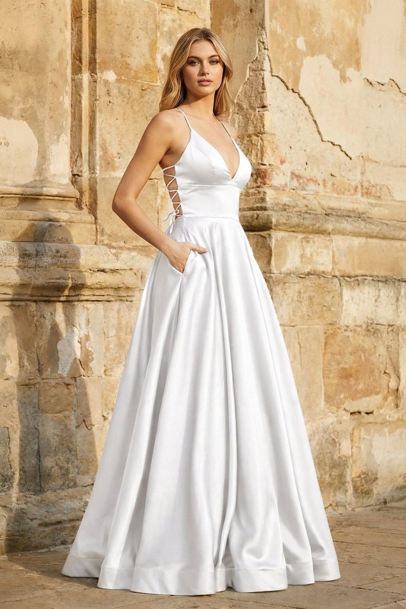 A Line Royal Blue Spaghetti Straps Satin Prom Dress With Pockets - Curvevia