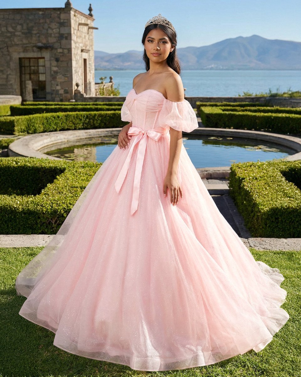 Pink A Line Tulle Off The Shoulder Floor-Length Quinceanera Dresses with Sashes - Curvevia