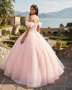 Pink A Line Tulle Off The Shoulder Floor-Length Quinceanera Dresses with Sashes - Curvevia