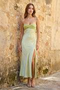Sage Spaghetti Straps Sheath Satin Pleated Wedding Guest Dress With Slit - Curvevia