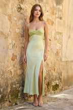 Sage Spaghetti Straps Sheath Satin Pleated Wedding Guest Dress With Slit - Curvevia