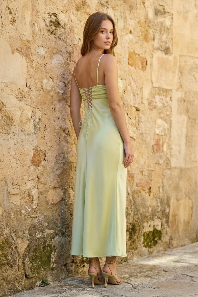 Sage Spaghetti Straps Sheath Satin Pleated Wedding Guest Dress With Slit - Curvevia