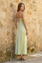 Sage Spaghetti Straps Sheath Satin Pleated Wedding Guest Dress With Slit - Curvevia
