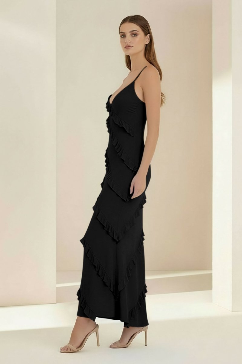 Sky Blue Halter Sheath Satin Backless Long Wedding Guest Dress With Ruffles - Curvevia