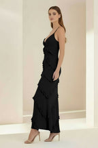 Sky Blue Halter Sheath Satin Backless Long Wedding Guest Dress With Ruffles - Curvevia