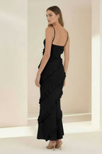 Sky Blue Halter Sheath Satin Backless Long Wedding Guest Dress With Ruffles - Curvevia