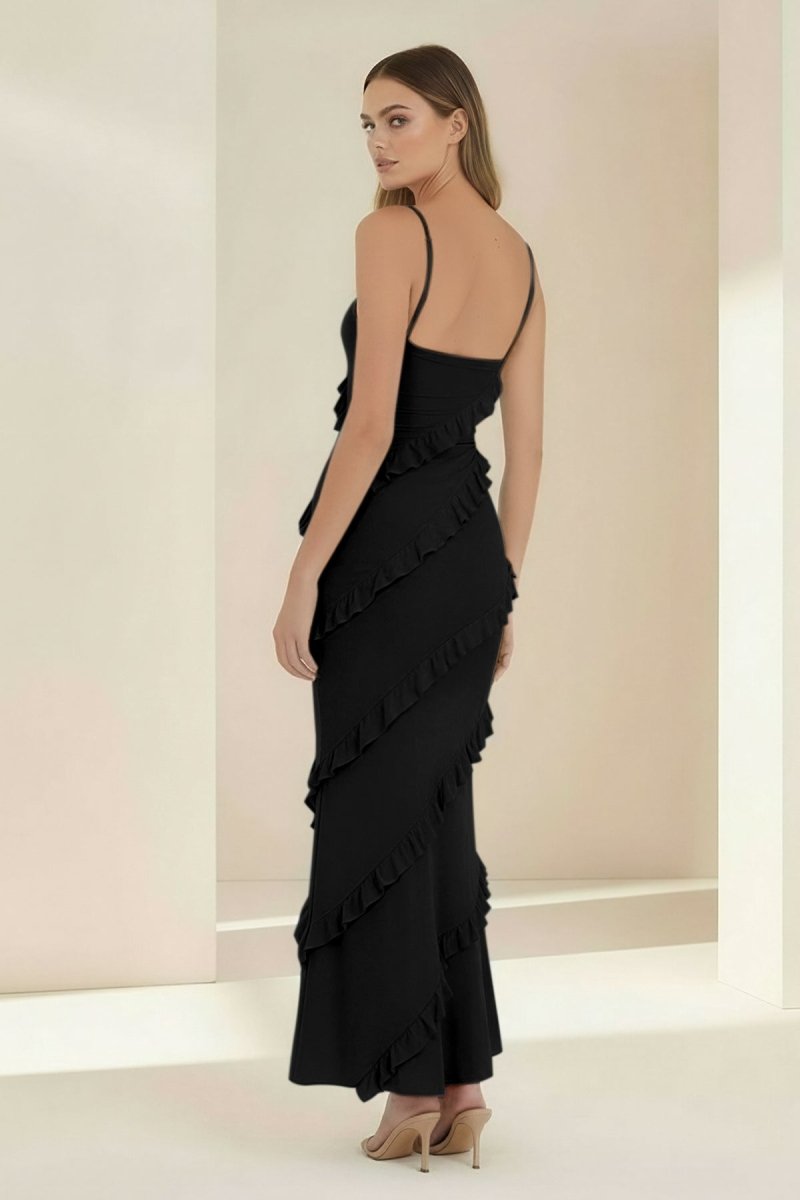 Sky Blue Halter Sheath Satin Backless Long Wedding Guest Dress With Ruffles - Curvevia