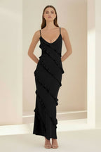 Sky Blue Halter Sheath Satin Backless Long Wedding Guest Dress With Ruffles - Curvevia