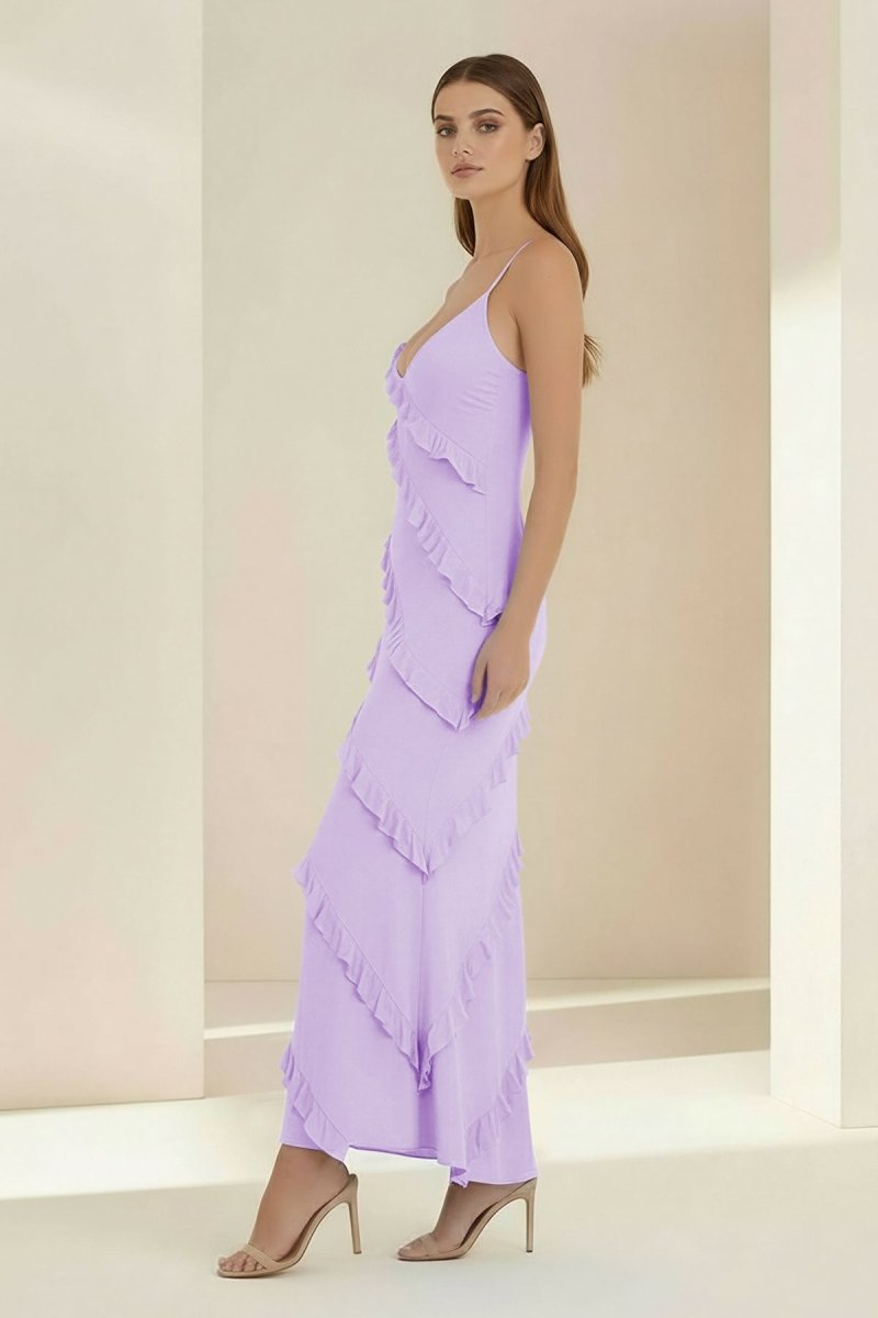 Sky Blue Halter Sheath Satin Backless Long Wedding Guest Dress With Ruffles - Curvevia