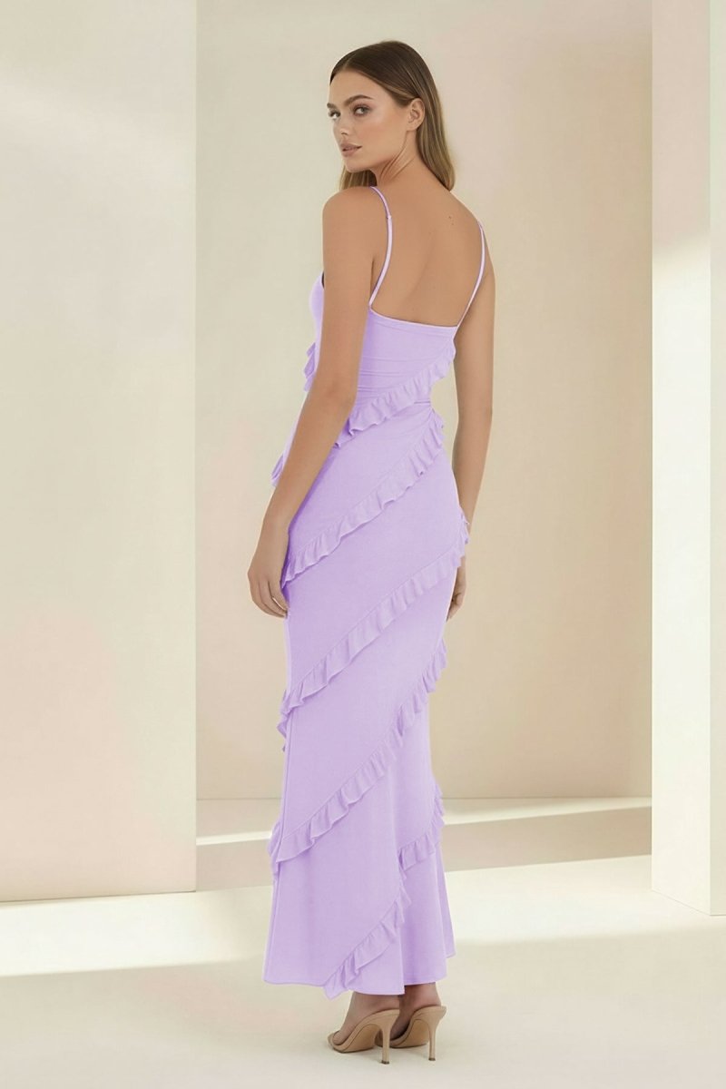 Sky Blue Halter Sheath Satin Backless Long Wedding Guest Dress With Ruffles - Curvevia