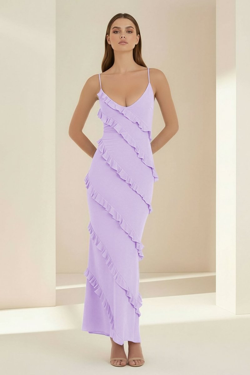Sky Blue Halter Sheath Satin Backless Long Wedding Guest Dress With Ruffles - Curvevia