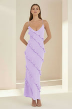 Sky Blue Halter Sheath Satin Backless Long Wedding Guest Dress With Ruffles - Curvevia