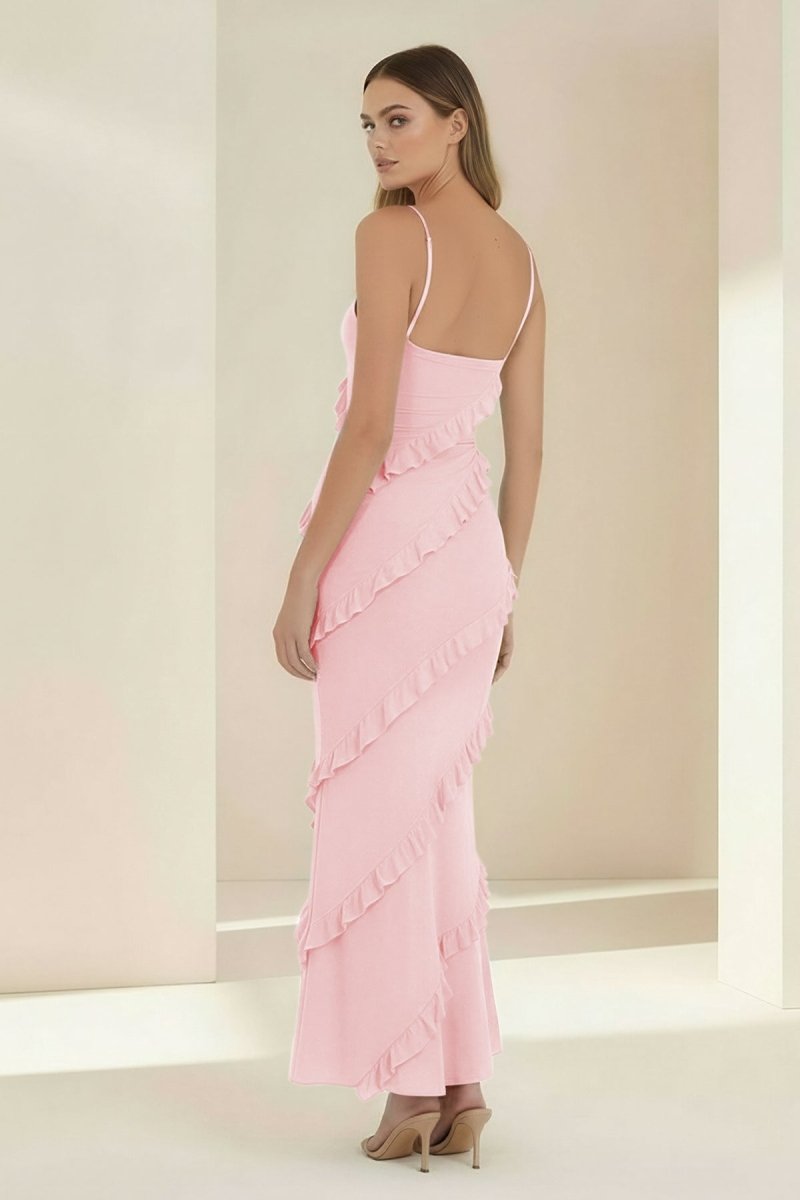 Sky Blue Halter Sheath Satin Backless Long Wedding Guest Dress With Ruffles - Curvevia
