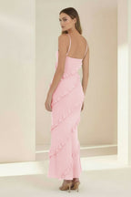 Sky Blue Halter Sheath Satin Backless Long Wedding Guest Dress With Ruffles - Curvevia