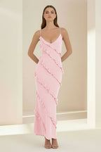 Sky Blue Halter Sheath Satin Backless Long Wedding Guest Dress With Ruffles - Curvevia